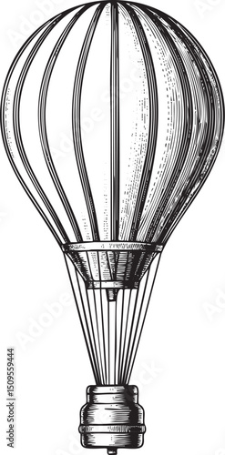 detailed black and white of a vintage hot air balloon ascends into the sky.