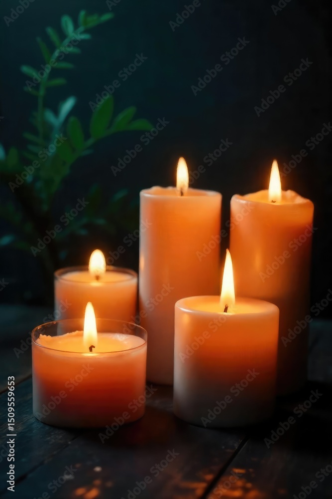 A serene scene of various candles burning, emitting a warm, soft glow, ideal for promoting relaxation and healing Perfect for wellness, spirituality, and self-care themes , ambiance, orange A serene scene of various candles burning, emitting a warm, soft glow, ideal for promoting relaxation and healing Perfect for wellness, spirituality, and self-care themes , ambiance, orange