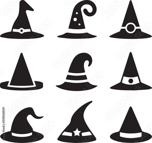 halloween witch hat set clipart, halloween witch hat set silhouette vector black and white