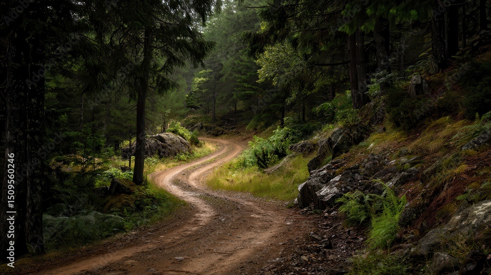 Fototapeta premium Winding Dirt Road Through a Lush Pine Forest