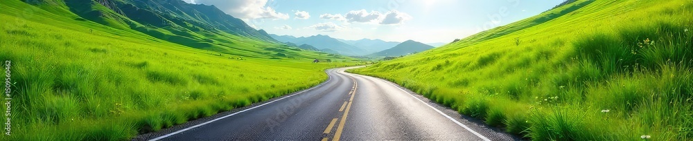 A winding asphalt road cuts through a vibrant green landscape, disappearing into the distance under a bright, sunny sky Perfect for travel, adventure, and journey concepts , mountains, nature A winding asphalt road cuts through a vibrant green landscape, disappearing into the distance under a bright, sunny sky Perfect for travel, adventure, and journey concepts , mountains, nature