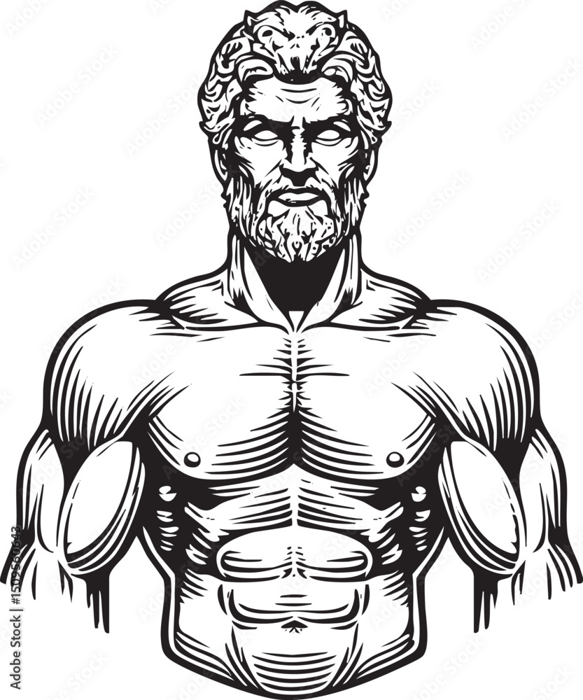 Fototapeta premium muscular man with a full beard stares intensely forward.