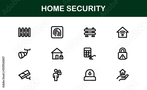 Home Security Icon Set Featuring Surveillance, Alarm, Lock, Camera, and Monitoring Concepts in a Clean, Professional, SEO-Optimized Vector Style
