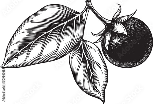 single dark citrus fruit clings to a branch adorned with leafy foliage.