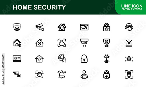 Home Security Icon Set Featuring Surveillance, Alarm, Lock, Camera, and Monitoring Concepts in a Clean, Professional, SEO-Optimized Vector Style