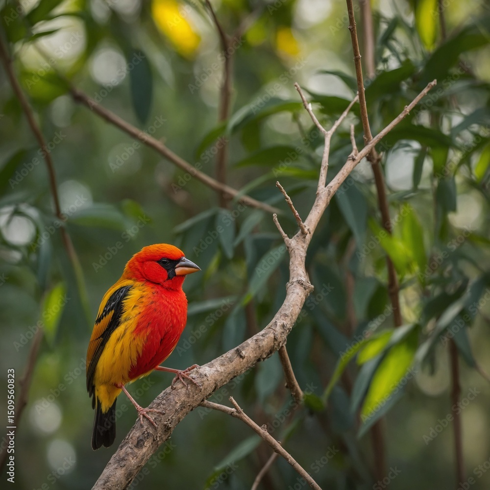 Obraz premium Colorful red, green, and yellow tropical macaw parrot, a beautiful avian with a strong beak, perches on a branch in wild nature