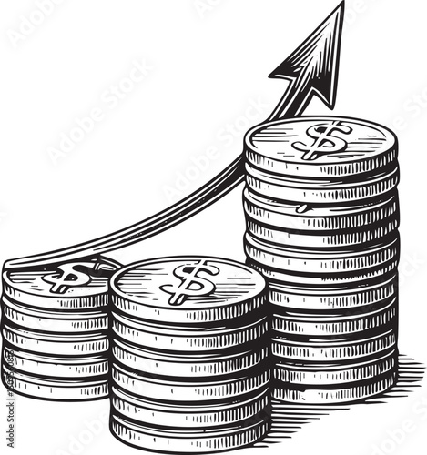 black and white depicts a stack of coins ascending with an upward-pointing arrow.