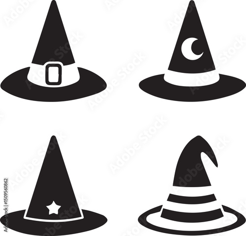 halloween witch hat set clipart, halloween witch hat set silhouette vector black and white