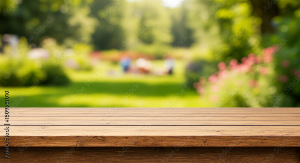Wooden table surface with blurred garden background featuring green grass and flower bushes outside view Wooden table surface with blurred garden background featuring green grass and flower bushes outside view