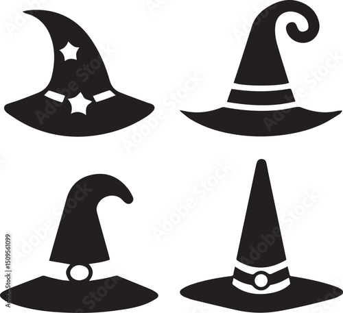 halloween witch hat set clipart, halloween witch hat set silhouette vector black and white