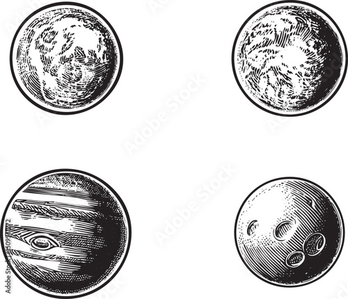 Four intricately detailed planets rendered in monochrome engraving style.