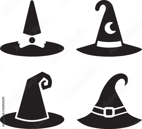 halloween witch hat set clipart, halloween witch hat set silhouette vector black and white