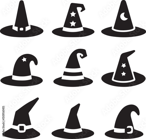 halloween witch hat set clipart, halloween witch hat set silhouette vector black and white