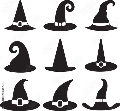 halloween witch hat set clipart, halloween witch hat set silhouette vector black and white