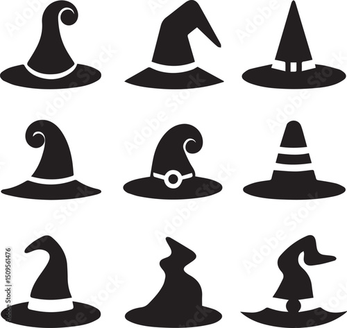 halloween witch hat set clipart, halloween witch hat set silhouette vector black and white
