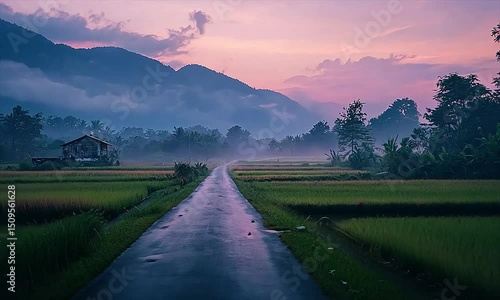 Serene Country Road at Sunset Misty Mountains and Rice Fields