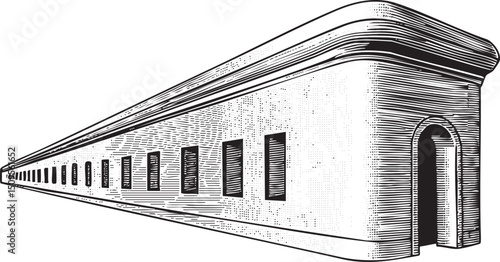 long arched building with multiple windows stretches into the distance.