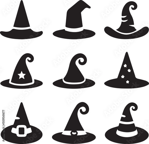 halloween witch hat set clipart, halloween witch hat set silhouette vector black and white