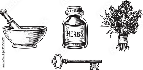 vintage mortar and pestle rests beside a bottle of herbs and a key.