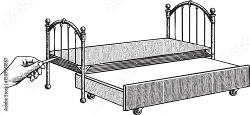 vintage ornate iron bed frame rests on rolling casters.