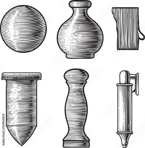 Six detailed monochrome illustrations of rounded objects and cylindrical forms.