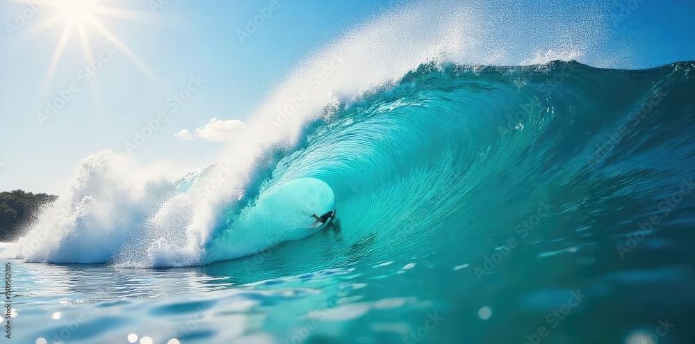 Obraz premium Epic ocean wave curling, sunlit water spray, vibrant blue sea, exhilarating watersport action , powerful, extreme