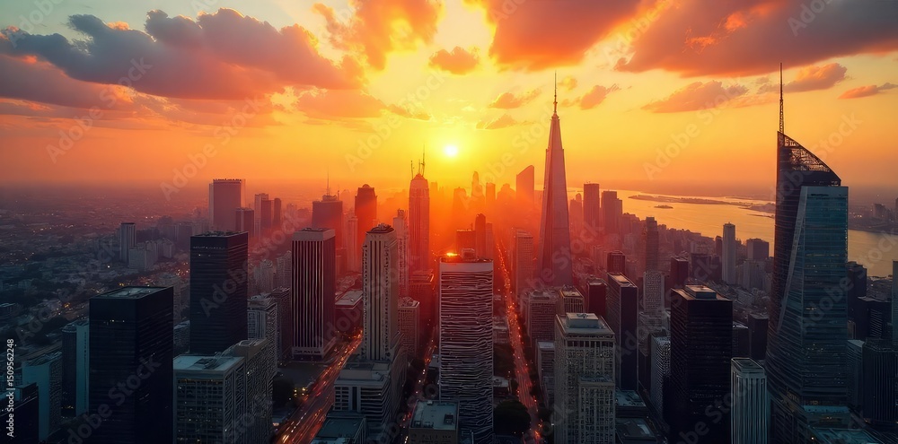Fototapeta premium Golden hour sunlight bathes a cityscape in warm hues as the sun rises, casting long shadows and illuminating skyscrapers A breathtaking view of urban awakening , pink, dawn, architecture