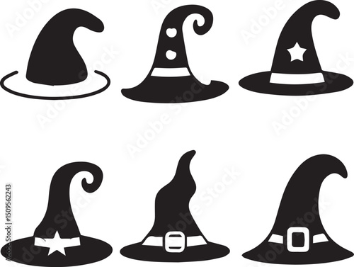 halloween witch hat set clipart, halloween witch hat set silhouette vector black and white