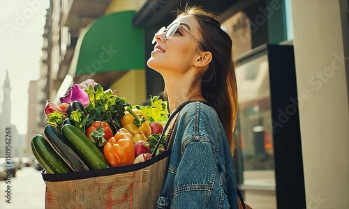 Woman carrying fresh produce from farmers market