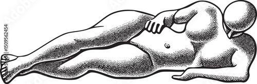 muscular man reclines on a textured surface supporting his head with one hand.