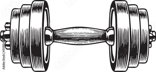 black and white depicts a weight bar with two dumbbell heads.