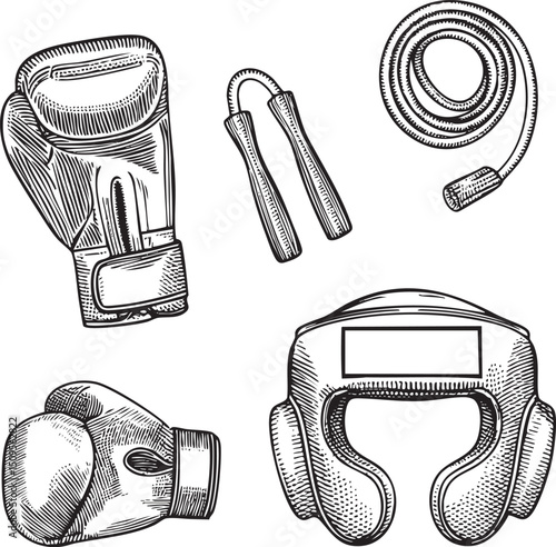 boxing glove a jump rope and a head guard are displayed in a detailed .