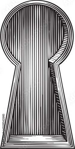 stylized keyhole reveals a dark narrow passageway.