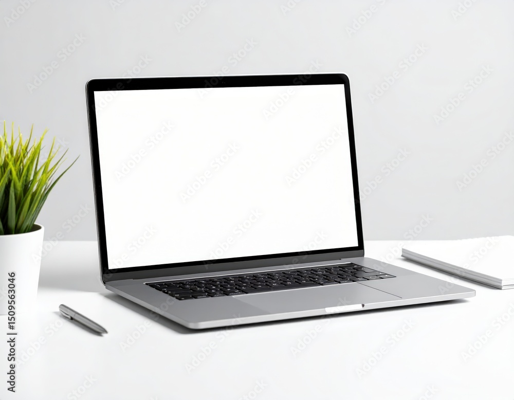 Fototapeta premium Minimalist workspace featuring a laptop with a blank screen pen plant and notebook on a white desk