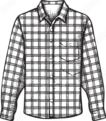 black and white flannel shirt is displayed on a flat surface.