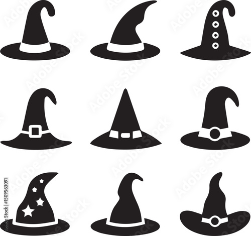 halloween witch hat set clipart, halloween witch hat set silhouette vector black and white
