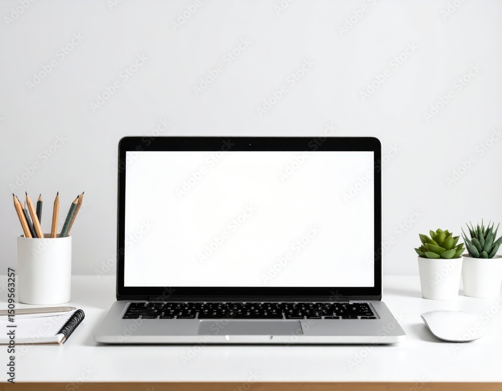 Fototapeta premium Minimalist workspace featuring a laptop with a blank screen succulents and stationery
