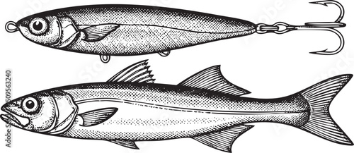 silver fish with a fishing lure is depicted in black and white.