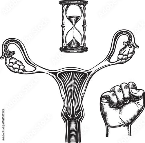 stylized depicts a uterus with a hand holding a raised fist above it accompanied by an hourglass.