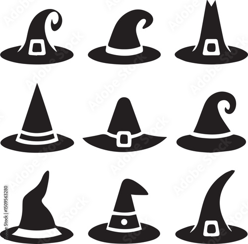 halloween witch hat set clipart, halloween witch hat set silhouette vector black and white