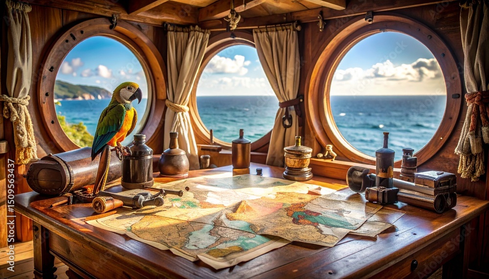 Naklejka premium Interior of a pirate captain’s cabin, filled with maps, weapons, rum bottles, a parrot on a perch, and the open sea visible through round windows