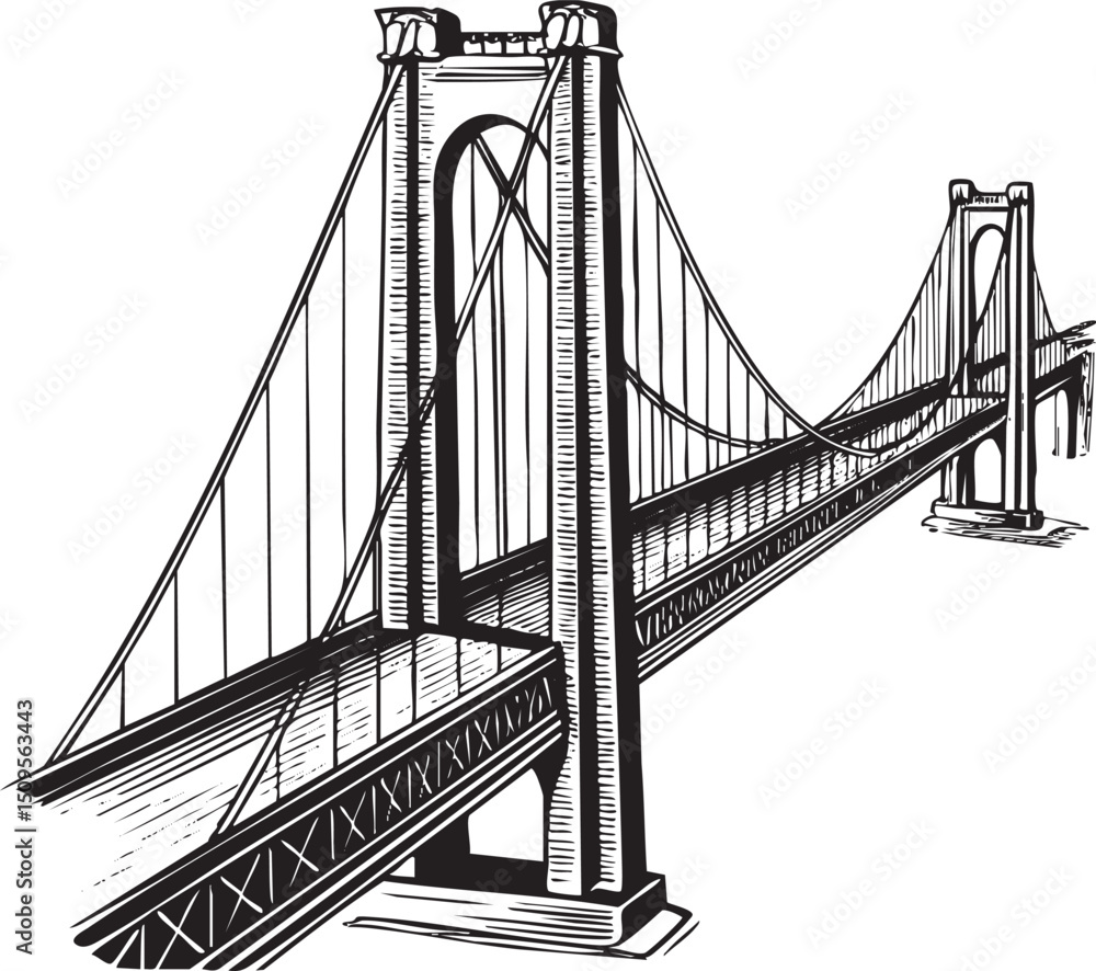 black and white depicts a tall suspension bridge with intricate wire cables.