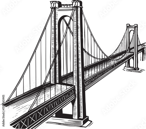 black and white depicts a tall suspension bridge with intricate wire cables.