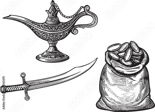 detailed black and white showcases a decorative lamp a gleaming dagger and a pouch filled with coins.