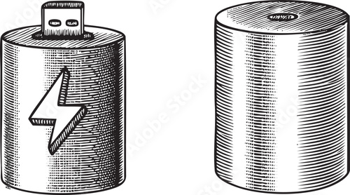 Two stylized cylindrical illustrations depict a charging device and a full battery.