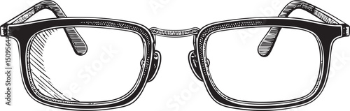 pair of black eyeglasses rests on a textured surface.