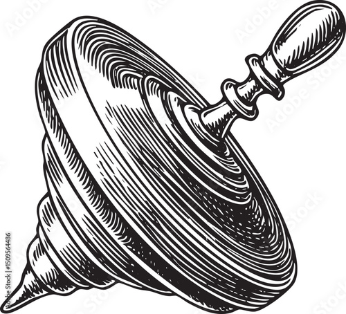 wooden spinning top rotates rapidly on a handle.