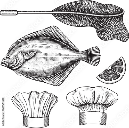 detailed engraving depicts a flatfish resting on a mesh net with a citrus wedge a chef's hat and a scallop .