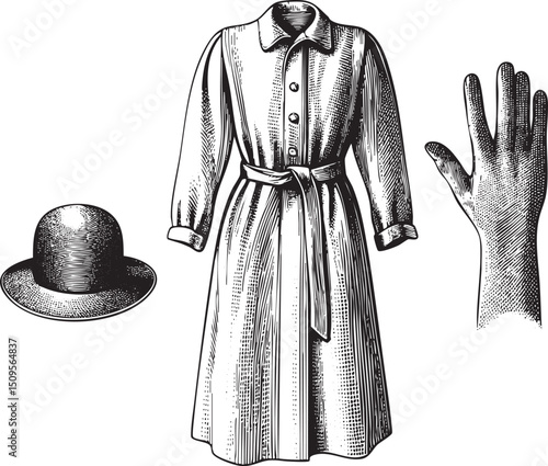 vintage overcoat a hand and a bowler hat are displayed together.