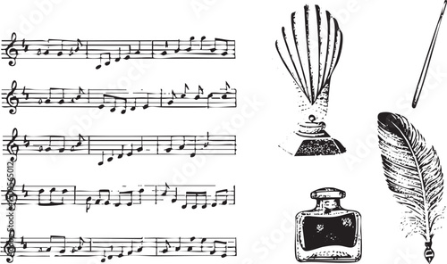 Black and white musical notes quill pen and inkwell are arranged on a stark background.